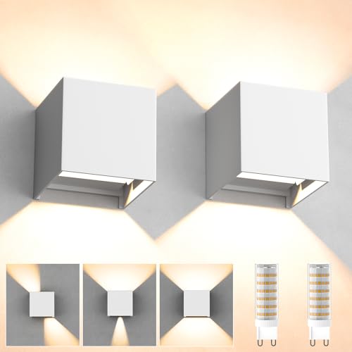 YrgePowk Aplique parede interior branco quente, 2 peças candeeiro de parede com G9 LED lâmpadas substituíveis moderno aplique parede exterior impermeável IP65 ângulo de feixe ajustável branco