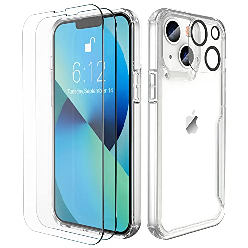 ORETECH Capa transparente para iPhone 13, com [2 x vidro de vidro temperado e 1 x câmara protetor de ecrã] suave TPU silicone Bumper capa anti-riscos capa para iPhone 13, clara