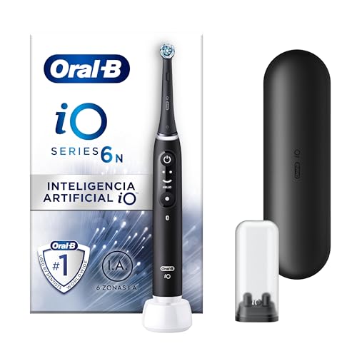 Oral-B iO 6N Escova de dentes elétrica preta com cabo recarregável, 2 cabeças e 1 estojo de viagem, 5 modos de escovar com branqueamento dental, sensor de pressão, desenhado por Braun