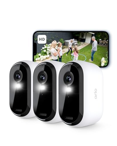 Arlo Essential 2 câmara de vigilância WiFi exterior HD, câmara de vigilância WiFi interior, sensor de movimento, alarme para casa, visão noturna colorida, teste de arco seguro incluído, 3 câmaras,