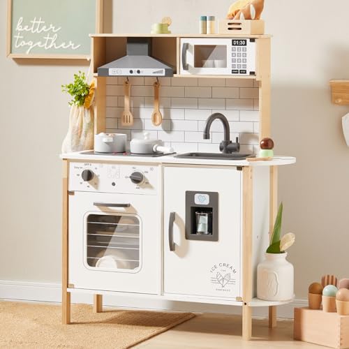 Cozinha brinquedo para crianças com 18 acessórios de comida e utensílios de cozinha de brinquedo conjunto de chef de madeira para crianças pequenas com luzes e sons reais