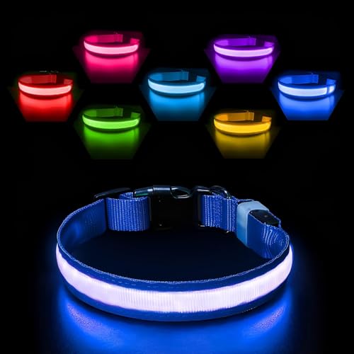 PcEoTllar Coleira luz cão, coleira luminosa cão recarregável, coleira LED cão impermeável e 7 cores, ajustável colar luzes para cães pequeno médio grande, azul-RGB-S