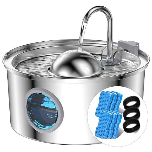 Fonte para gatos com janela transparente, AONBOY 3,2 l bebedor gatos de aço inoxidável, 6 peças de filtros 3 peças esponjas, design hemisférico, bomba de água silenciosa, multifiltragem