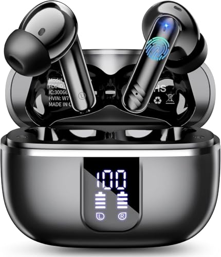 Auriculares sem fios Bluetooth, capacetes sem fios Bluetooth 5.4 com 4 redução de ruído Mic, 45H auriculares sem fios com HiFi estéreo, IPX7 auriculares para Android iOS. Pretos