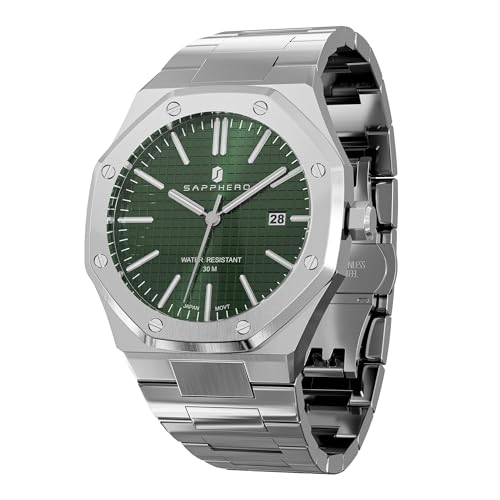 SAPPHERO Relógio de homem impermeável 30 m quartzo prata correia de aço inoxidável data calendário preto azul homens relógios presentes de pulseira para homens