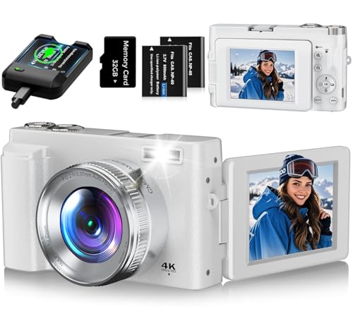 Câmara digital 4K, 48MP 16X Zoom câmara de fotos, câmara compacta com ecrã rebatível de 180° com foco automático, cartão de memória 32G, estação de carregamento, 2 baterias para iniciantes (branco)