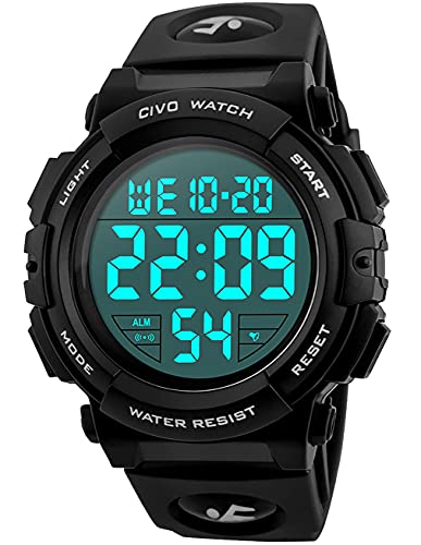 CIVO Relógios de pulso digitais desportivos militares com grandes números à prova de água até 50 m relógio preto de pulseira casual para homens de borracha