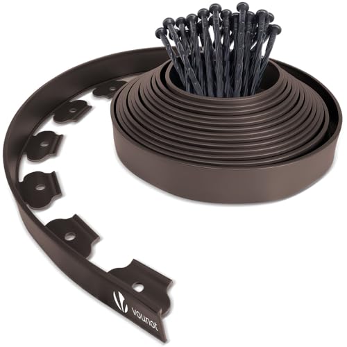 VOUNOT® Borda do jardim, relva, borda flexível, plástico, comprimento 10 m, altura 5 cm, com 30 pinos, castanho