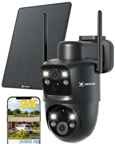 COCOCAM 2 K Câmara dupla câmara vigilância Wi-Fi exterior solar, bateria 10000 mAh, painel solar 6 W, PIR duplo e detecção humana AI, visão noturna cor, 355 °P 90 °T, IP66, WiFi 2,4 G