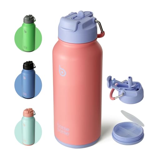 BOTTLE BOTTLE Garrafa de água isolada de 32 onças, garrafa de água desportiva de aço inoxidável com palha, design de tampa de uso duplo para ginásio com caixa de comprimidos (lavanda)