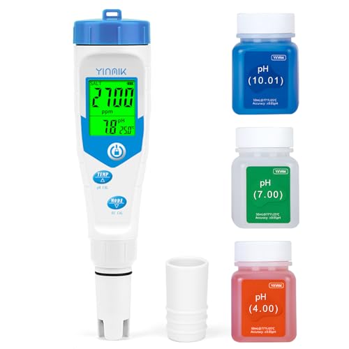 Piscinas medidor de salinidade digital 5 em 1, medidor de pH, TDS, CE e sal com solução de calibração de pH, visualização simultânea de sal e pH para piscinas de água salgada, aquários, SPA