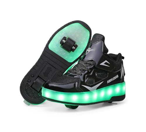 Sapatilhas para crianças, sapatilhas de skate com duas rodas, luz ajustável com mudança de cor, carregamento USB, universais para meninos e meninas, preto, rosa, ouro, prata, branco 27-40 EU.