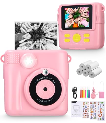 Câmara com fotos infantis instantâneas, 1080 p, câmara infantil de 2,4 polegadas, cartão de memória de 32 GB, papel impresso de 5, foco digital de 16 vezes, presentes para meninos e meninas de 3 a 12