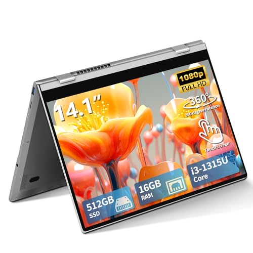 14,1" Computador portátil 2 em 1, Windows 11 PC portátil Core i3-1315U CPU, portátil 16 GB RAM 512 GB SSD, computador portátil com teclado retroiluminado desbloqueio por impressão digital, ecrã tátil