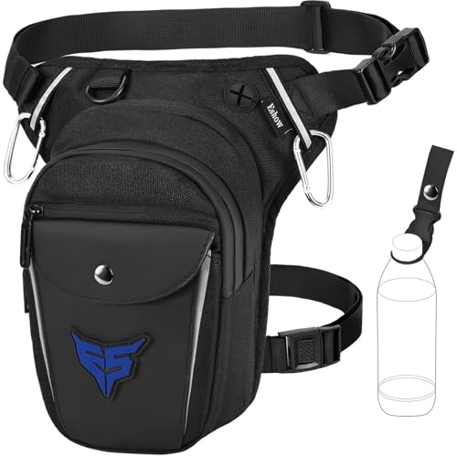 Eshow Perna de motocicleta expansível, pochetes com porta-garrafas e tira refletora para homem e mulher, bolsa perna para ciclismo montanhismo viagens caminhadas trabalho acampamento escalada preto
