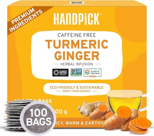HANDPICK, Sacos de chá de gengibre e açafrão, 100 bolsas, sem cafeína nem glúten, açafrão e gengibre 100% charutos