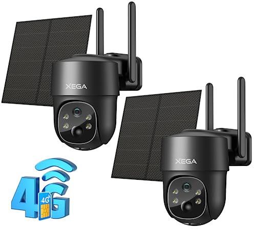 Xega 4G LTE Câmara de vigilância exterior com Sim 2 unidade, câmara solar 4G sem cabo com bateria 2K HD PTZ 355°/90°, visão noturna, deteção de movimento, armazenamento local e nuvem, IP66