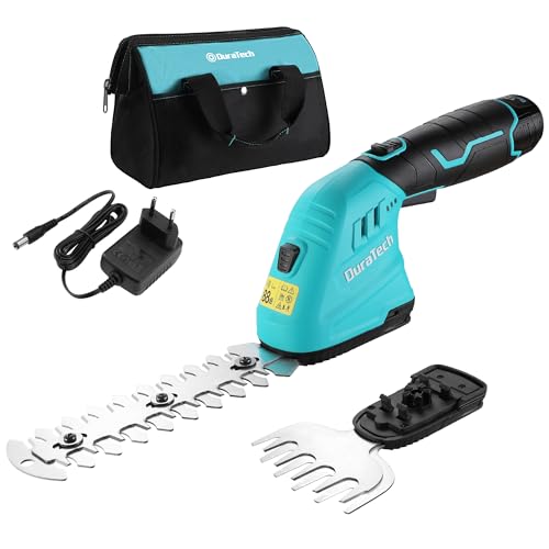 DURATECH 12 V Tesoura corta-relvas e arranjos 2 em 1, tesouras elétricas de jardim com bateria e carregador, corta-sebes elétrico para relva e arbustos, para jardinagem com saco