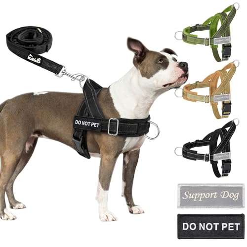 SlowTon Conjunto de arnês e trela para cães, sem puxões, ajustável no pescoço e no peito, arnês anti-reflexo à prova de escape, trela de cão de 5,9 pés, arnês tático militar