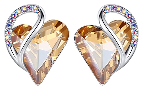 Leafael Birthstone Coração brincos de mulher | Birthstone brincos com coração e cristais corativos | Livre de alergias brincos modernos com caixa de presente incluída