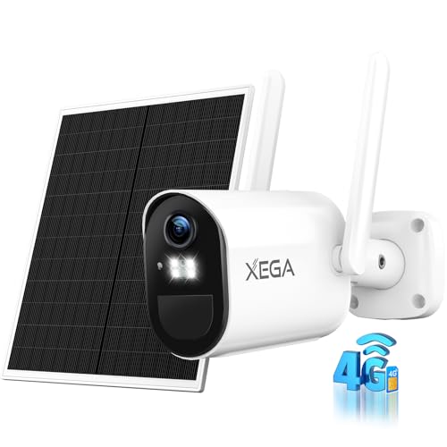 Xega 4G Câmara de vigilância exterior com cartão SIM, 2K QHD LTE câmaras solares sem Wi-Fi, bateria 7800 mAh, 6 W painel solar, deteção humana/área, visão noturna cor, áudio bidirecional, TF e Cloud
