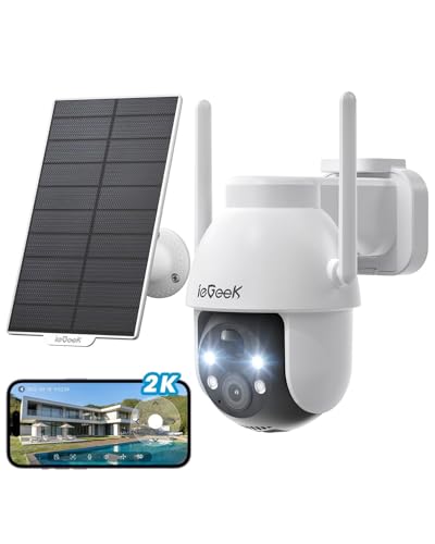 ieGeek 3MP Câmara de vigilância WiFi exterior solar com bateria sem cabos, câmara de vigilância solar exterior visão noturna cor, PTZ 360° APP remoto, detecção humana, IP65, voz bidirecional