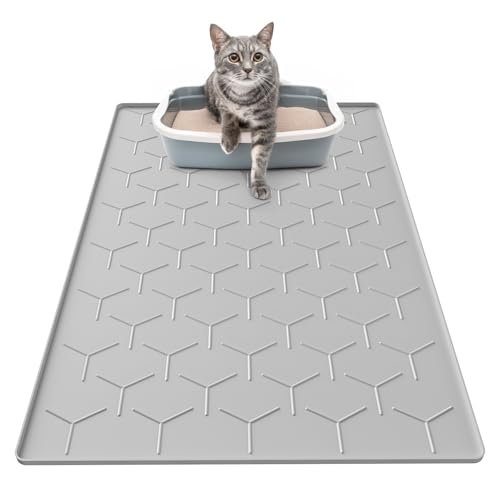 Garoopion Tapete de reneiro de gato, 86 x 56 cm tapete de areia de gato, silicone impermeável tapete areia gatos, fácil de limpar, cinzento