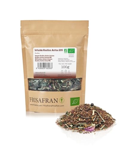 FRISAFRAN Infusão Rooibos antioxidante ecológico em massa, 100 g, rooibos, roíbos, te roibos, bebidas relaxantes, experiência sensorial, sabor único, natural, chá sem cafeína, nutritivo, hidratante