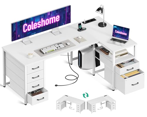 Coleshome Mesa de canto com gavetas de tecido, reversível mesa em L com gaveta para arquivos, secretária para computador com porta de carregamento USB e tomada de corrente (branco, 140 x 70 cm)