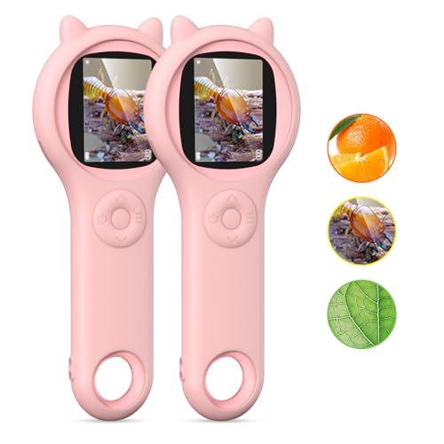 Ashfly 2 microscópios para crianças com ecrã IPS de 2,0 polegadas, 200 x microscópio de bolso com 8 LED, conectável ao PC, microscópio para crianças a partir dos 3 anos, rosa