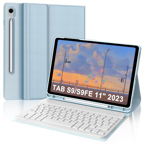 SENGBIRCH Teclado para Samsung Galaxy Tab S9 FE/S10 FE 10,9", capa teclado Galaxy Tab S10FE 2025, Espanha Ñ Bluetooth desmontável teclado para Samsung Tablet S10FE/S9FE 10,9 polegadas, azul claro