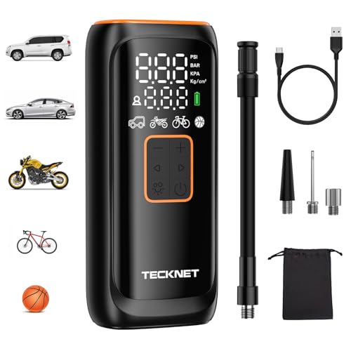 TECKNET Mini compressor de ar portátil, 150 PSI insuflador de rodas de carro, compressor recarregável 6000 mAh, pode ser usado como banco de energia e lanterna, 5 modos, adequado para carros