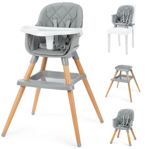 Ezebaby Cadeira alta + assento elevador cadeira infantil banquinho de bar, cadeira alta 6 em 1 para bebé, multifuncional, pernas de madeira, a partir de 6 meses (cinzento com prateleira)