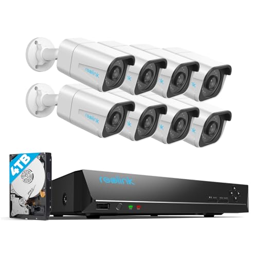 Reolink 8MP Kit câmaras de vigilância PoE, deteção de pessoas e veículos, 8 x 4 K câmaras IP PoE exteriores, H.265 16CH NVR com 4TB HDD para gravação contínua, visão noturna, RLK16-800B8