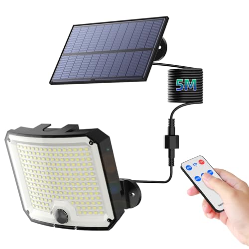 WeBeqer Focos LED exteriores solares, 208 LED luz solar exterior com sensor de movimento de 3 modos, IP65 candeeiro solar impermeável com controlo remoto, ultra grande ângulo de 170° com cabo de 5 m
