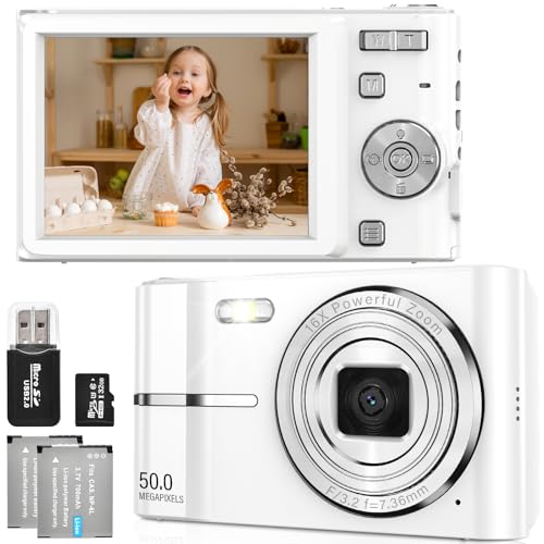 FAYIBUY Câmara Fotos 50MP 1080P FHD câmara digital compacta com zoom 16X câmara compacta com cartão 32 GB recarregável compacta portátil câmara para crianças iniciantes adulto (branco)