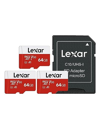 Lexar Cartão micro SD de 64 GB, cartão micro SD de até 100 MB/s (R), cartão de memória microSDXC com adaptador SD, A1, U3, C10, V30, 3 unidades