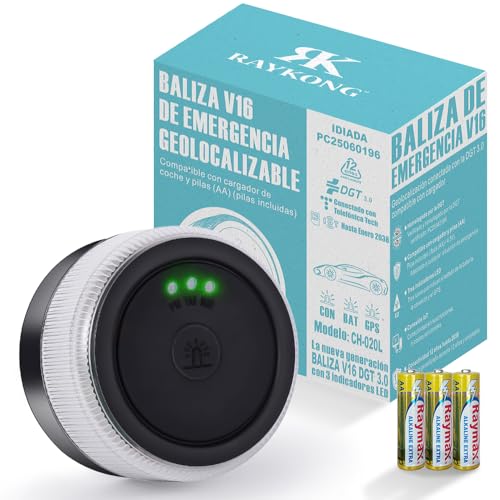 RAYKONG Baliza V16 geolocalização DGT 3.0 | 2.ª geração com indicadores LED, luz de emergência para carro, motocicleta homologada pela DGT, SIM e dados pagos até 2038