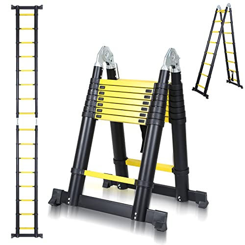 Cecaylie Escada telescópica dobrável de alumínio, 5 m, antiderrapante, preto, multiusos, 150 kg/330 libras, capacidade de carga (2,5 + 2,5 m)