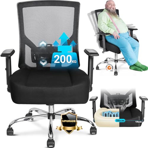 MELOKEA Cadeira de escritório 200 kg, almofada de molas extra larga e grossa, cadeira de secretária 200 kg, função de inclinação contínua 90 ° - 130 °, apoios de braços e suporte lombar reguláveis