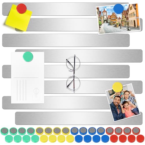 Wukong 30 x 3 cm | 8 peças prata quadro magnético quadro Memo, placa de anúncios autocolante com 32 peças ímãs de cores para escritório, quadro de fios, parede de fotos, casa