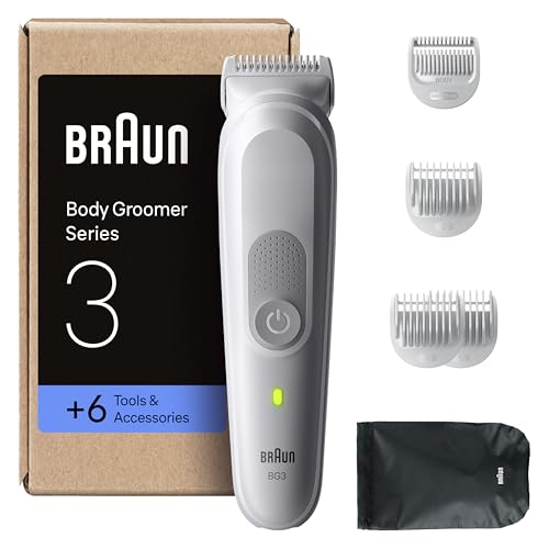 Braun Aparador corporal série 3 BG3575, máquina de barbear corporal para peles sensíveis, 6 acessórios de rosca, 80 min de automonomia, barbear e aparar, resistente à água, cinzento