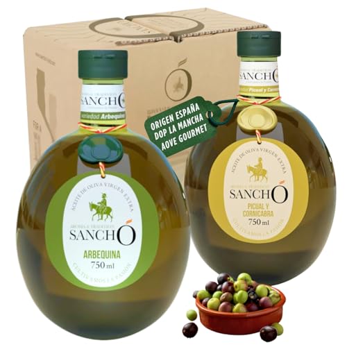 Azeite de oliva virgem extra duo degustação Gourmet variedades premium arbequina em ponto com corni 2 x 750 ml OVO SANCHO origem Espanha presado a frio colheita precoce, garrafa PET alimentar