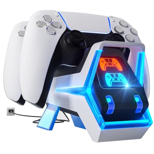 Fenolical Estação de carregamento para comando PS5, carregamento para comando PS5 acessórios de estação de carregamento duplo Playstation5 estilo cão eletrónico com indicador LED, azul/branco