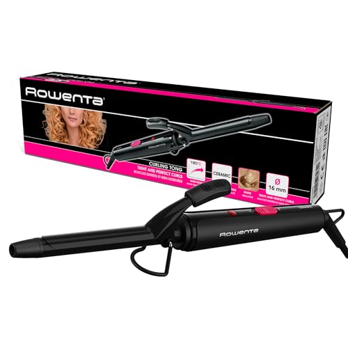 Rowenta Tenacilla modeladora CF2133 - Tenacilla 16 mm modelador de cabelo de 25 W, revestimento cerâmico, temperatura 180 °C, indicador de aquecimento, ponta fria e alça, preto e fúcsia