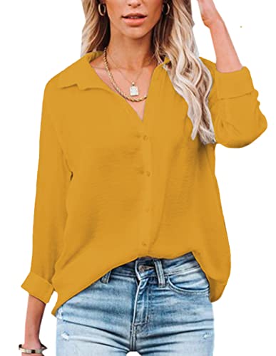 NONSAR - Blusa feminina de manga comprida e gola em V, com botões, elegante, casual, para o trabalho