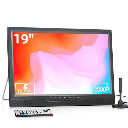 Desobry TV portátil 1080P de 19 polegadas com antena DVB-T2, pequena com porta USB de entrada HDMI/AV, mini TV portátil para cozinha, quarto, campismo e RV (sem bateria)