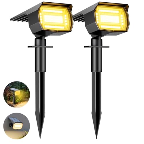 btfarm Luzes solares LED para exterior e jardim [2 pacotes/72 LED], holofotes LED exteriores solares poderosos à prova de água IP65 candeeiro luz solar exterior iluminação para chão exterior, branco