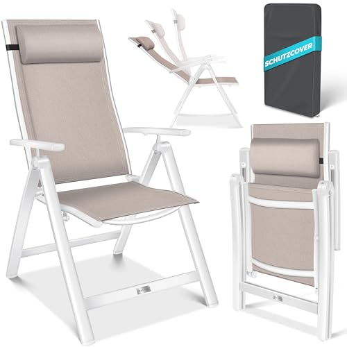 KESSER® Cadeira de jardim com encosto alto com apoios de braços, de alumínio, dobrável, com almofada e cobertura, 7 posições, encosto ajustável, respirável e resistente às intempéries, dobrável e