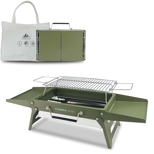 Charmline 35 * 23 cm churrasqueira de carbono portátil dobrável, churrasqueira portátil para uso em exteriores, grelha para churrasco para camping, piqueniques, jardins e festas na praia, verde